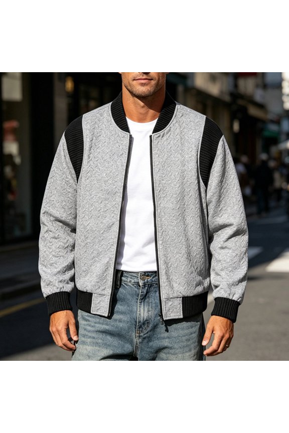 Men's Bomber Jacket Textured Jacquard Color Block Ribbed Baseball Collar Zip Up Solid Loose Casual Polyester Spandex Outerwear for Daily Commute Mens Fashion