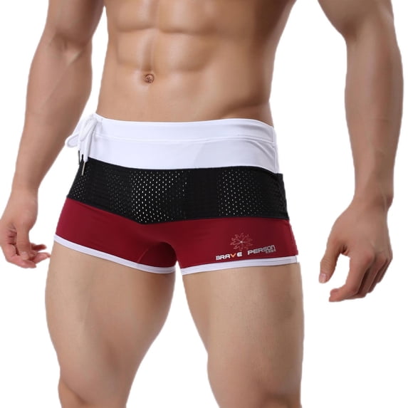 WIZUTIZ Men's Boxer Brief Stretch Breathable Mesh Color Block Swimming Underwear 5 Inch Quick Dry Compression Bathing Suits