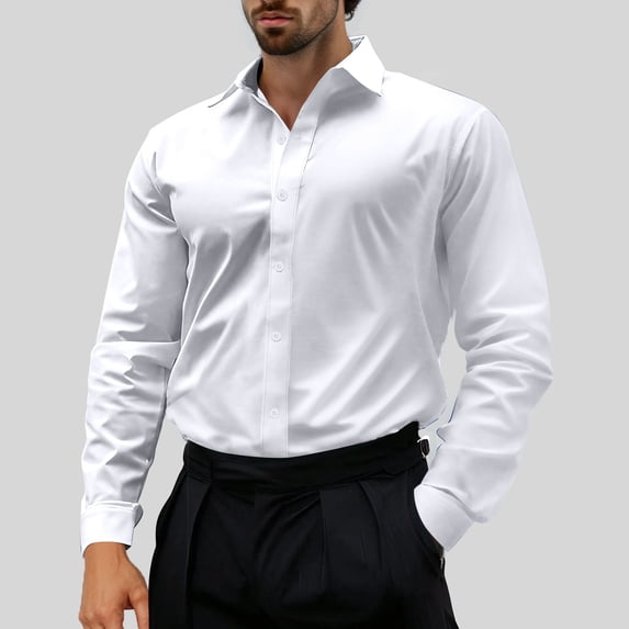 WIZUTIZ Men's Button Down Shirt Solid Lightweight Breathable Soft Flax Twill Turndown Collar Long Sleeve Shirt Business Casual Dress Shirt