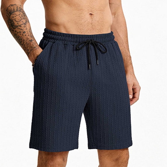 WIZUTIZ Men's Cable Knit Casual Shorts Drawstring Elastic Waist Side Pockets Soft Breathable Loose Fit Summer Daily Lounge Wear