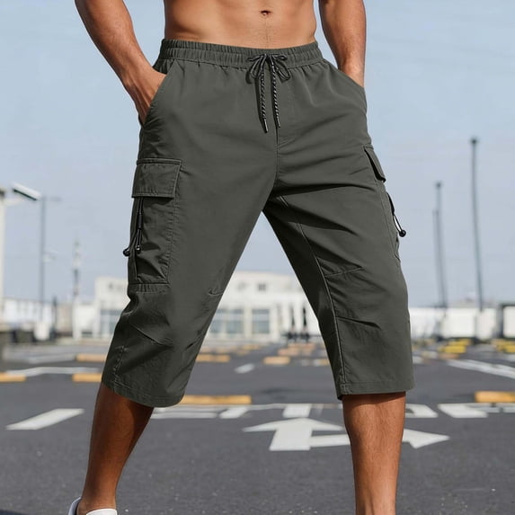 WIZUTIZ Men's Capris Hiking Cargo Pants Elastic Waist Loose Summer Lightweight Travel Beach Trousers with Pockets