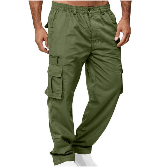WIZUTIZ Men's Cargo Pants Quick Dry Water-Resistant Button Zipper Elastic Drawstring Waist Multi-Pocket Outdoor Trousers Straight Leg Lightweight Hiking Pants
