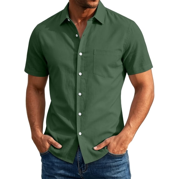 WIZUTIZ Men's Casual Button Up Shirt Solid Color Short Sleeve Lapel Polyester Spandex Stretch Business Summer Top for Office Daily Outdoor Wear Mens Fashion