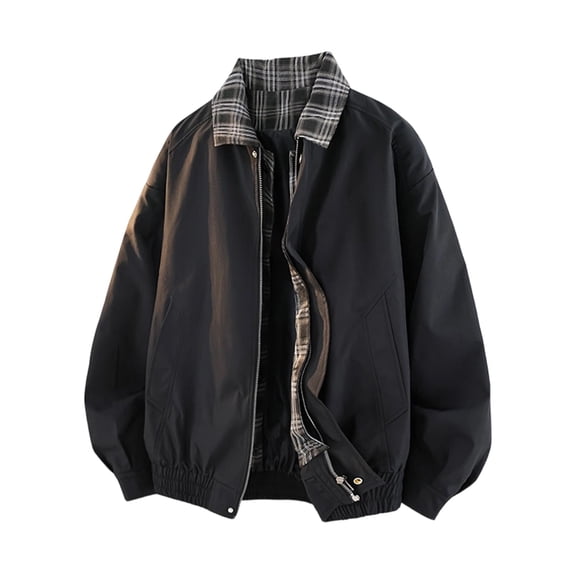 WIZUTIZ Men's Casual Jacket Loose Patchwork Fake Two-Piece Plaid Collar Lapel Full Zip Long Sleeve Polyester Coat for Spring Winter Daily Commute Party Mens Fashion