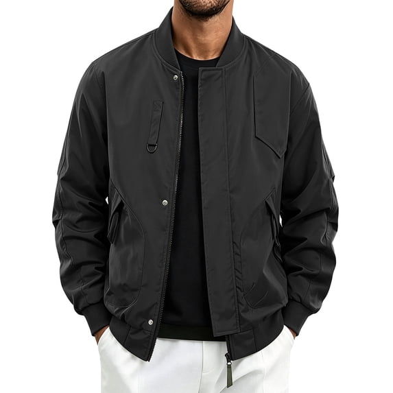 WIZUTIZ Men's Casual Jacket Solid Color Loose Breathable Zip Collar Long Sleeve Polyester Outerwear Relaxed Fit for Daily Commute Outdoor All-Season Wear Mens Fashion