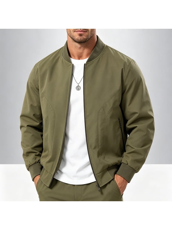 Men's Casual Jacket Thin Sports Multi Pocket Zip Up Hoodless Long Sleeve Nylon Solid Color Outdoor Coat for Winter Summer Daily Commute Party Mens Fashion