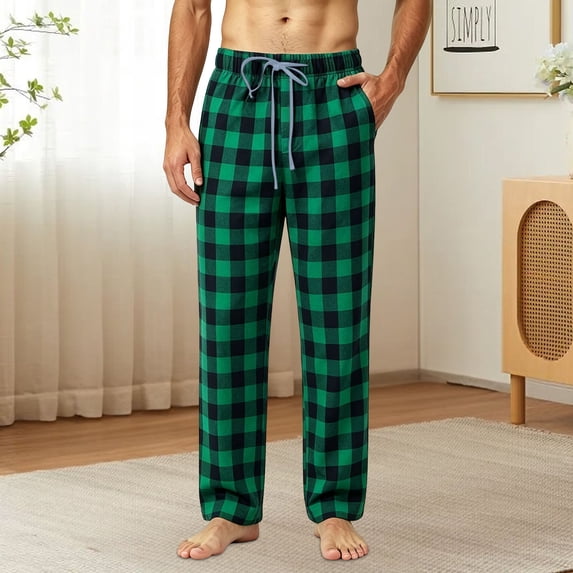 WIZUTIZ Men's Casual Pants Plaid Printed Elastic Waist Drawstring Pocket Sports Trousers Polyester Breathable Relaxed Fit for Home Outdoor Daily Wear