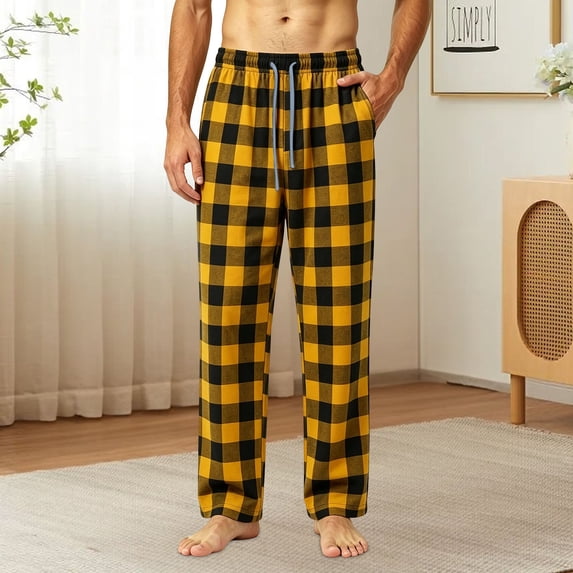 WIZUTIZ Men's Casual Pants Plaid Printed Elastic Waist Drawstring Pocket Sports Trousers Polyester Breathable Relaxed Fit for Home Outdoor Daily Wear