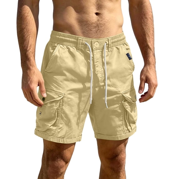 WIZUTIZ Men's Casual Shorts Solid Color Drawstring Button Elastic Waist Pocket Sports Bottoms Polyester Stretch Breathable for Running Hiking Daily Summer Wear Mens Fashion
