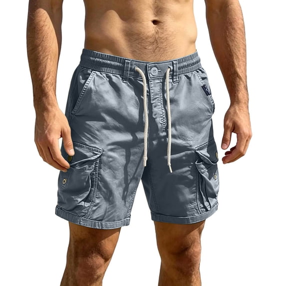 WIZUTIZ Men's Casual Shorts Solid Color Drawstring Button Elastic Waist Pocket Sports Bottoms Polyester Stretch Breathable for Running Hiking Daily Summer Wear Mens Fashion