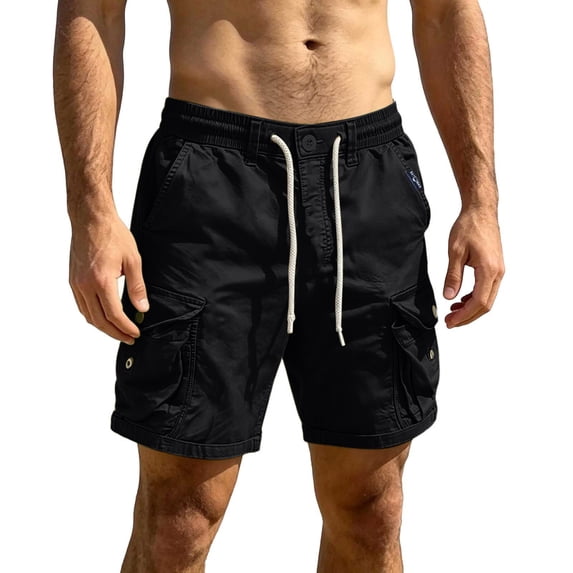 WIZUTIZ Men's Casual Shorts Solid Color Drawstring Button Elastic Waist Pocket Sports Bottoms Polyester Stretch Breathable for Running Hiking Daily Summer Wear Mens Fashion