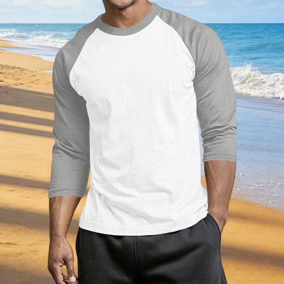 WIZUTIZ Men's Casual Tee Raglan Sleeve Color Block Design Three Quarter Sleeve Round Neck Relaxed Fit Spring Summer