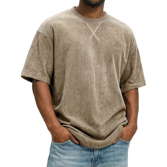 WIZUTIZ Men's Casual Top Corduroy Solid Color Round Neck Short Sleeve Loose Fit Soft Comfortable Fabric Summer Sports
