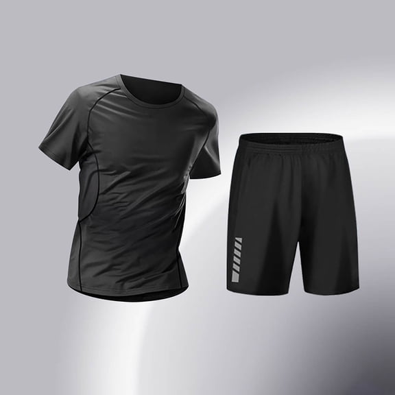 WIZUTIZ Men's Compression Set Moisture Wicking High Stretch Quick Dry Athletic Outfit Short Sleeve Tee Training Shorts Set Basketball Cycling