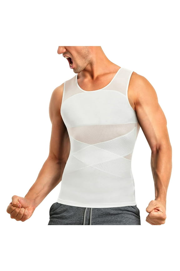 Men's Compression Tank Top Solid Color Crewneck Sleeveless High Stretch Tummy Control Chest Compression Moisture Wicking Breathable Lightweight Summer Gym Body Shaper Vest