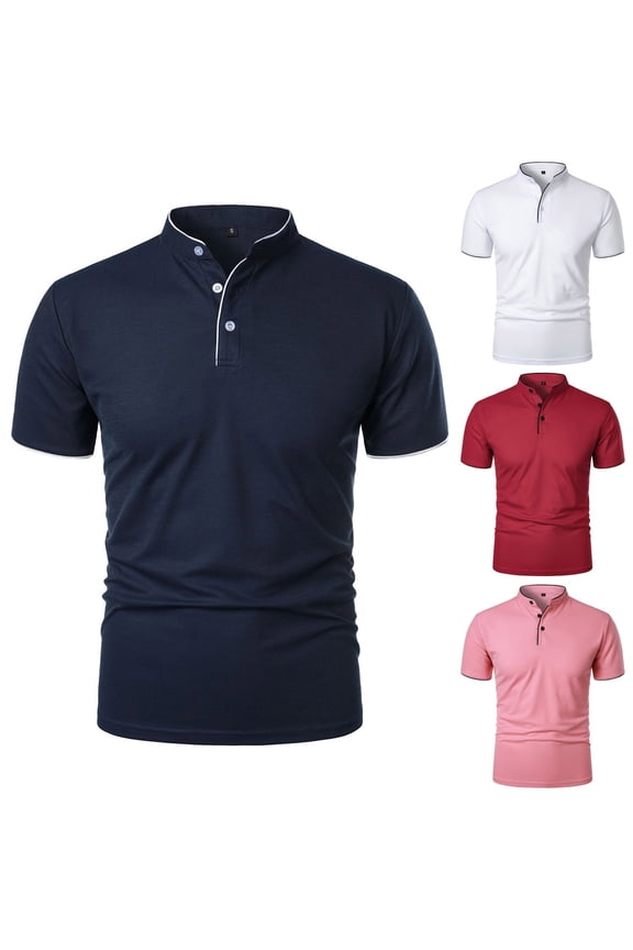 Men's Contrast-Trim Banded Collar Henley Shirt - Slim-Fit Casual Top for Golf & Weekend Outings