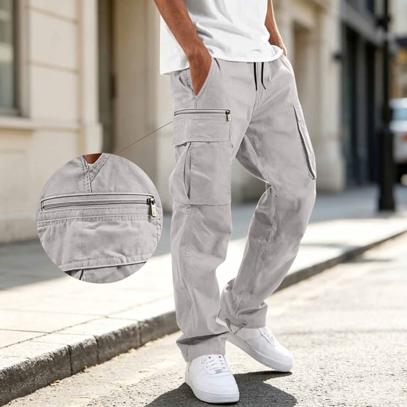 WIZUTIZ Men's Cotton Cargo Pants Drawstring Waist Ankle Tie Relaxed Fit Multi Pocket Outdoor Straight Trousers