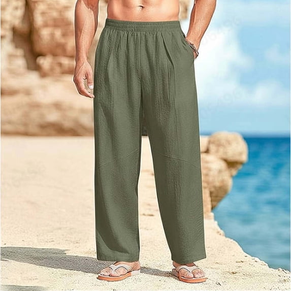 WIZUTIZ Men's Cotton Linen Straight Leg Pants Elastic Waist Solid Color Relaxed Fit Casual Beach Pocket Trousers