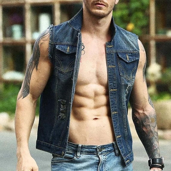 WIZUTIZ Men's Denim Vest Distressed Wash Turndown Collar Sleeveless Button Front Motorcycle Punk Sleeveless Jacket Relaxed Fit Vintage Vest