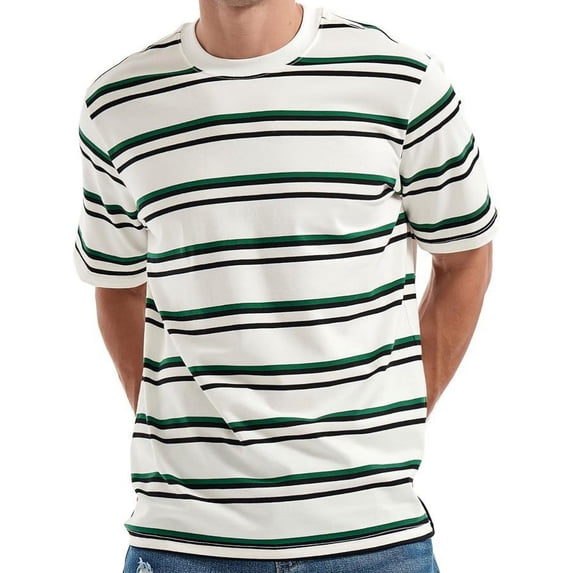 WIZUTIZ Men's Fashion Short Sleeve T-Shirts Loose Fit Crewneck Classic Stripe T-Shirt Casual Soft Elastic Cotton Tees