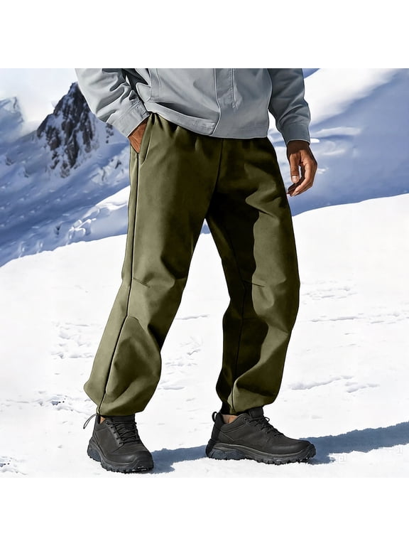 Men's Fleece Lined Hiking Pants Waterproof Polyester Shell Elastic Drawstring Waist Relaxed Fit Winter Outdoor Cargo