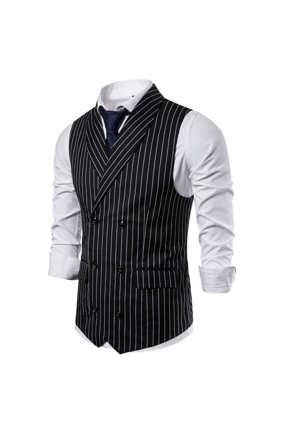 Men's Formal Vest Striped Print Turndown Collar Double Breasted Sleeveless Breathable Lightweight Summer Wedding Casual Waistcoat