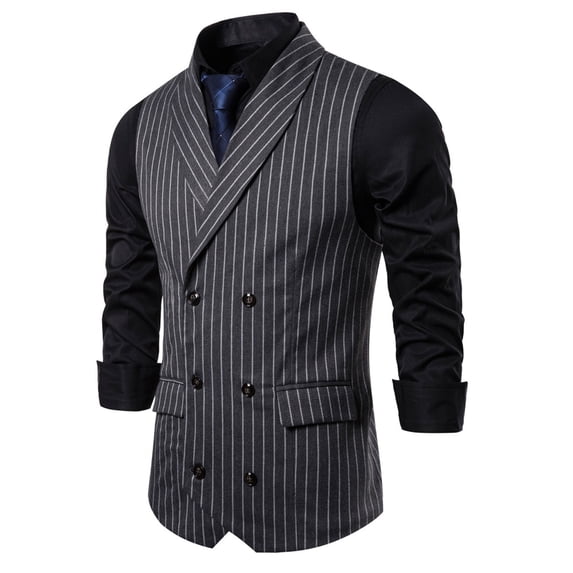 WIZUTIZ Men's Formal Vest Striped Print Turndown Collar Double Breasted Sleeveless Breathable Lightweight Summer Wedding Casual Waistcoat
