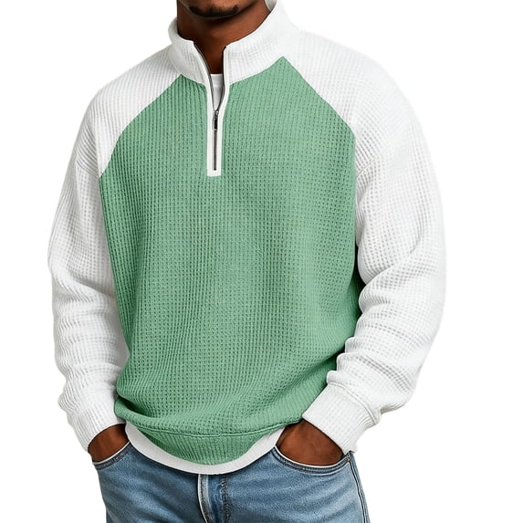 WIZUTIZ Men's Half Zip Pullover Color Block Loose Stand Collar Long Sleeve Polyester Sweatshirt Relaxed Fit for Spring Winter Daily Commute Party Mens Fashion