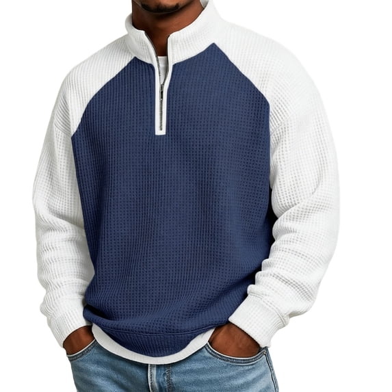 WIZUTIZ Men's Half Zip Pullover Color Block Loose Stand Collar Long Sleeve Polyester Sweatshirt Relaxed Fit for Spring Winter Daily Commute Party Mens Fashion