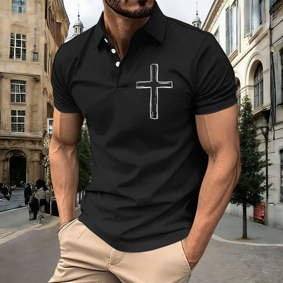 WIZUTIZ Men's Henley Shirt Short Sleeve Faith Cross Jesus Christian Shirt Solid Lapel Button Up Top Sports Workout T-Shirt