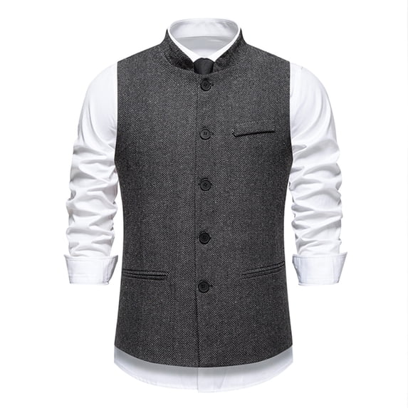 WIZUTIZ Men's Herringbone Vest Solid Color Stand Collar Sleeveless Single Breasted Button Front Pockets Slim Fit Casual Business Waistcoat