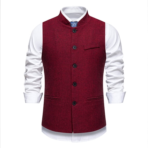WIZUTIZ Men's Herringbone Vest Solid Color Stand Collar Sleeveless Single Breasted Button Front Pockets Slim Fit Casual Business Waistcoat