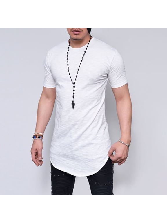 Men's Hipster Curved Hem Premium Longline T Shirts Drop Tail Tee Tops Short Sleeve Slim Fit Hip Hop Shirt Gym Workout