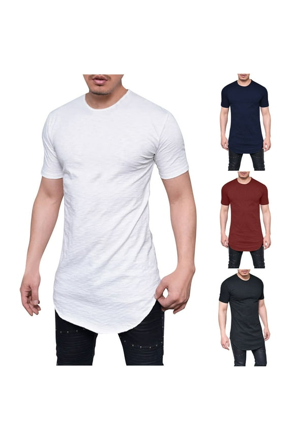 Men's Hipster Curved Hem Premium Longline T Shirts Drop Tail Tee Tops Short Sleeve Slim Fit Hip Hop Shirt Gym Workout