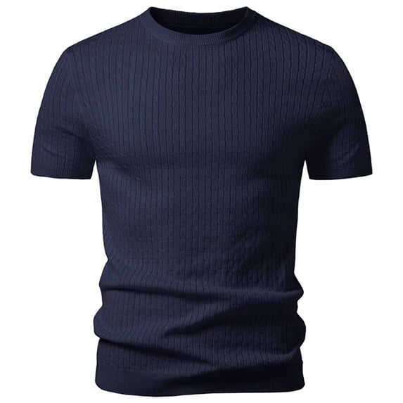 WIZUTIZ Men's Knitted Shirt Solid Cable Knit Vintage Short Sleeve Pullover Round Neck Lightweight Breathable Retro Summer Top Casual Everyday Shirt