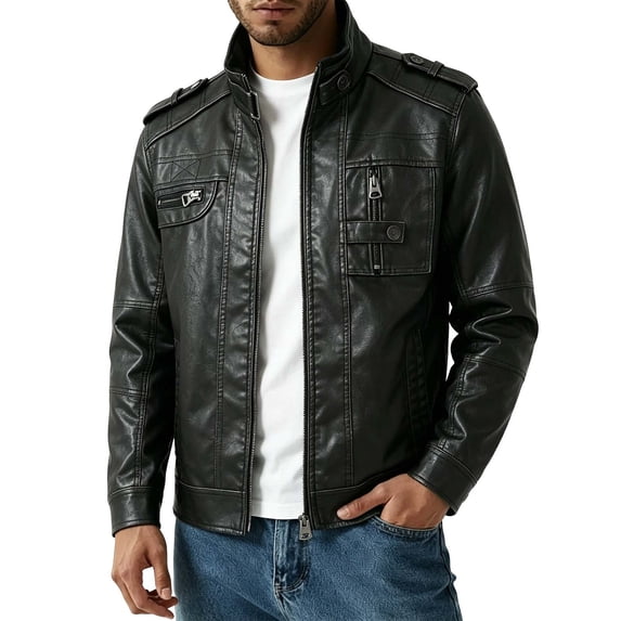 WIZUTIZ Men's Leather Jacket Solid Color Motorcycle Vintage Zipper Pocket Long Sleeve Hoodless PU Coat for Winter Casual Daily Outdoor Mens Fashion