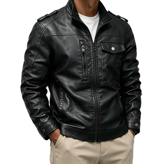WIZUTIZ Men's Leather Jacket Solid Color Motorcycle Vintage Zipper Pocket Long Sleeve Hoodless PU Coat for Winter Casual Daily Outdoor Mens Fashion