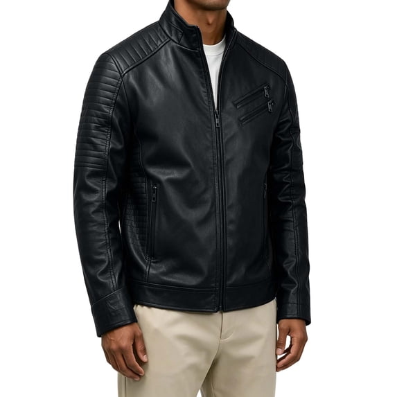WIZUTIZ Men's Leather Jacket Solid Color Motorcycle Vintage Zipper Pocket Long Sleeve Hoodless PU Coat for Winter Casual Daily Outdoor Mens Fashion