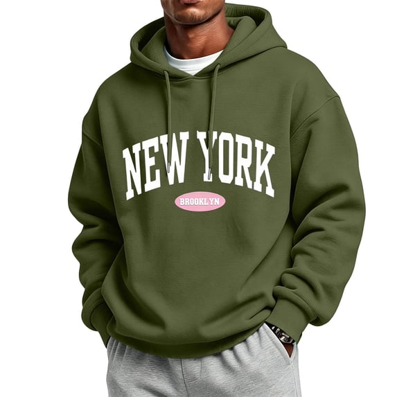 WIZUTIZ Men's Letter Print Fleece Pullover Hoodie With Kangaroo Pocket Long Sleeve Streetwear Casual Fall Winter Sweatshirt