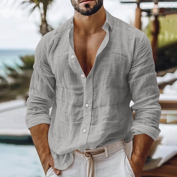 WIZUTIZ Men's Linen-Like Button-Down Shirt Breathable Long Sleeve Turndown Collar Button Closure Casual Blouse Work Shirt
