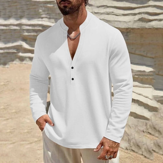 WIZUTIZ Men's Linen Shirt Solid Color Button Half-Placket Stand Collar Long Sleeve Loose Pullover Breathable Top for Summer Outdoor Sports Daily Casual Mens Fashion