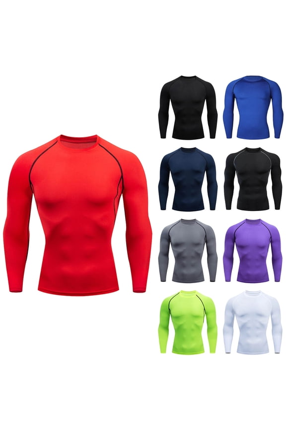 Men's Long Sleeve Compression Shirts Elastic Cool Dry Workout Running Shirts, Moisture Wicking Sport Base Layer Top
