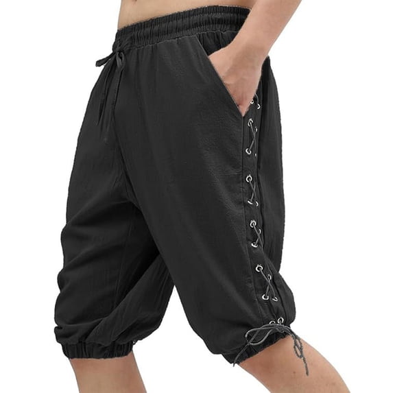 WIZUTIZ Men's Medieval Cotton and Linen Shorts, Viking Retro Design Pants, for Halloween Theme Party, Costume Play