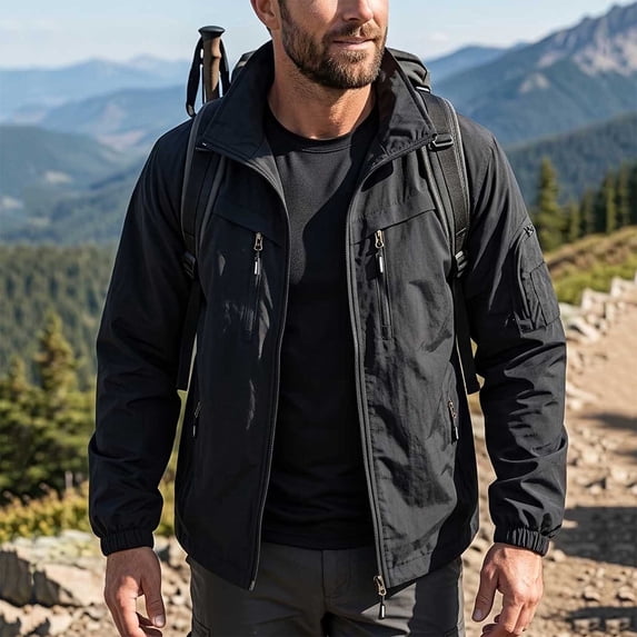 WIZUTIZ Men's Outdoor Jacket Solid Color Zipper Pocket Stand Collar Long Sleeve Windproof Polyester Multi-Pocket Coat for Mountaineering Riding Hiking Daily Mens Fashion