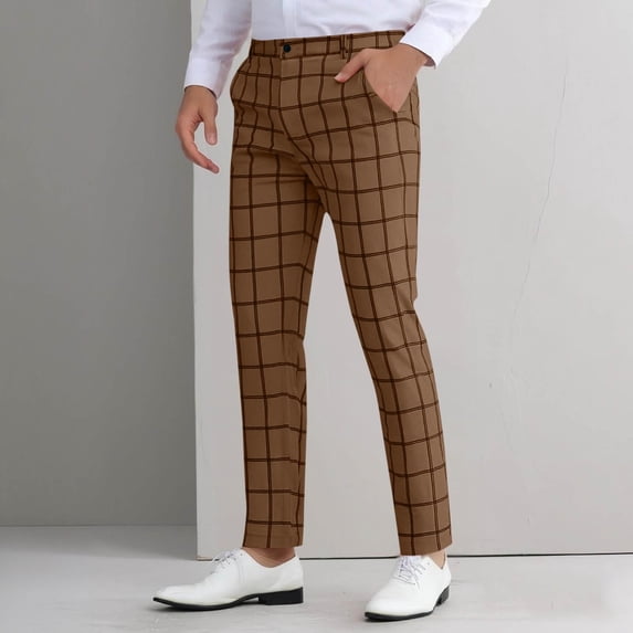 WIZUTIZ Men's Plaid Skinny Dress Pants - Stretch Straight Leg Outdoor Business Casual Golf Pants with Pockets
