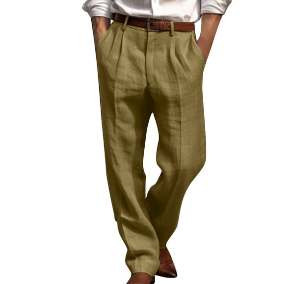 WIZUTIZ Men's Pleated Pants Solid Color Straight Leg Double Pleated Front Pockets Breathable Lightweight Casual Trousers