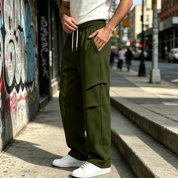 WIZUTIZ Men's Pleated Wide Leg Pants Elastic Drawstring Waist Relaxed Fit Solid Color Casual Track Trousers