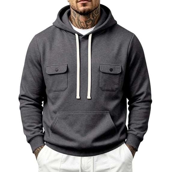 WIZUTIZ Men's Pullover Hoodie Thick Fleece Cargo Sweatshirt for Men Solid Color Multi Pocket Knit Hooded Sweatshirt Warm Oversized Casual Workwear Athletic Streetwear