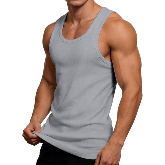 WIZUTIZ Men's Ribbed Knit Tank Top Crew Neck Wide Strap Slim Fit Elastic Fabric Breathable Solid Color Sleeveless T-Shirt for Workout, Gym and Casual Layering