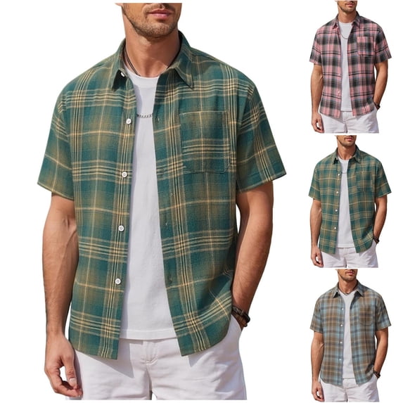 WIZUTIZ Men's Short Sleeve Button Down Shirt Plaid Loose Lapel Casual Summer Work Shirts with Chest Pocket
